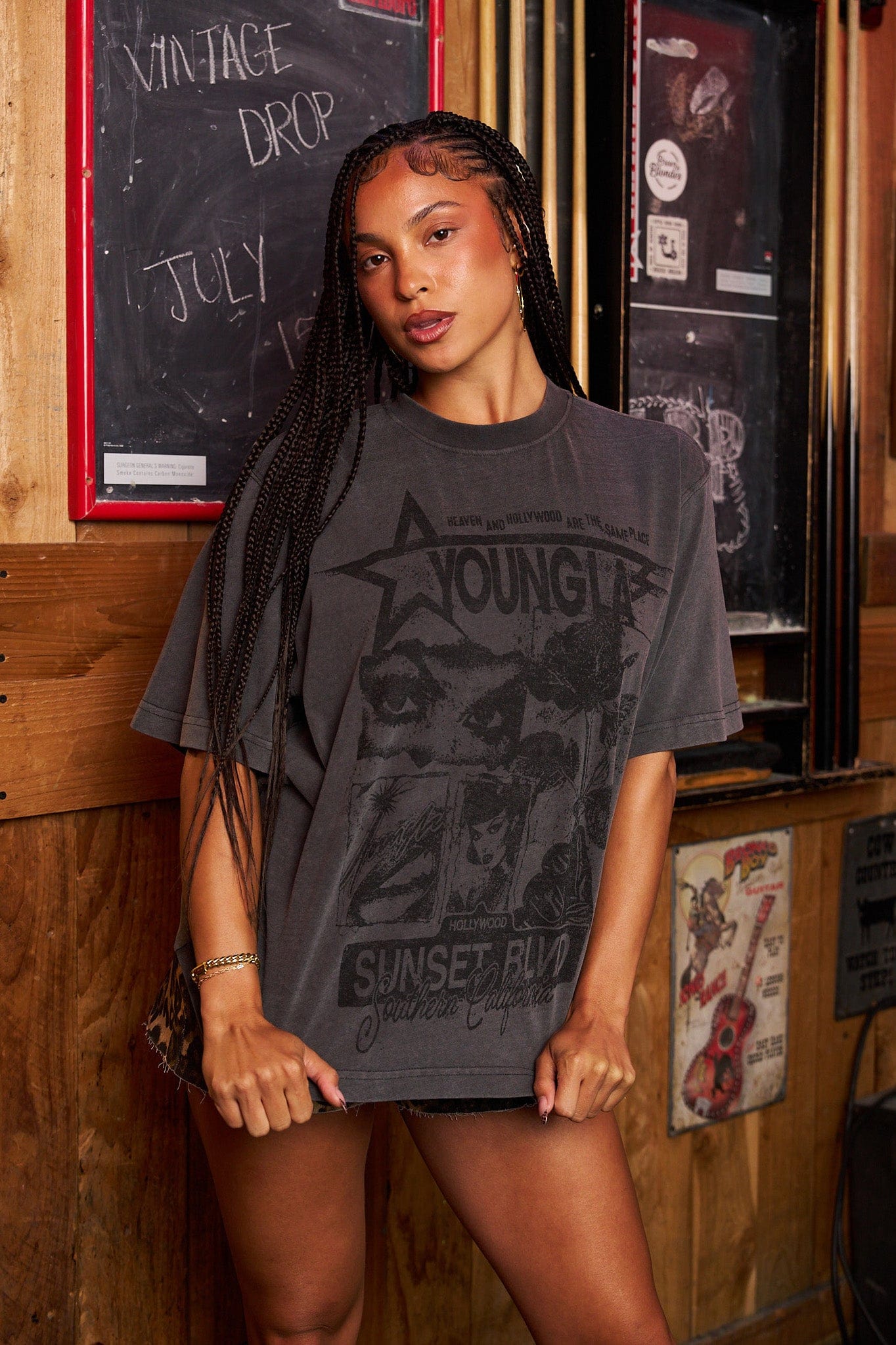 W412 Vintage Oversized Tee - Vintage-style oversized tee in super soft, washed fabric. Cozy, nostalgic, and each color features a unique graphic for standout personality in Grey.