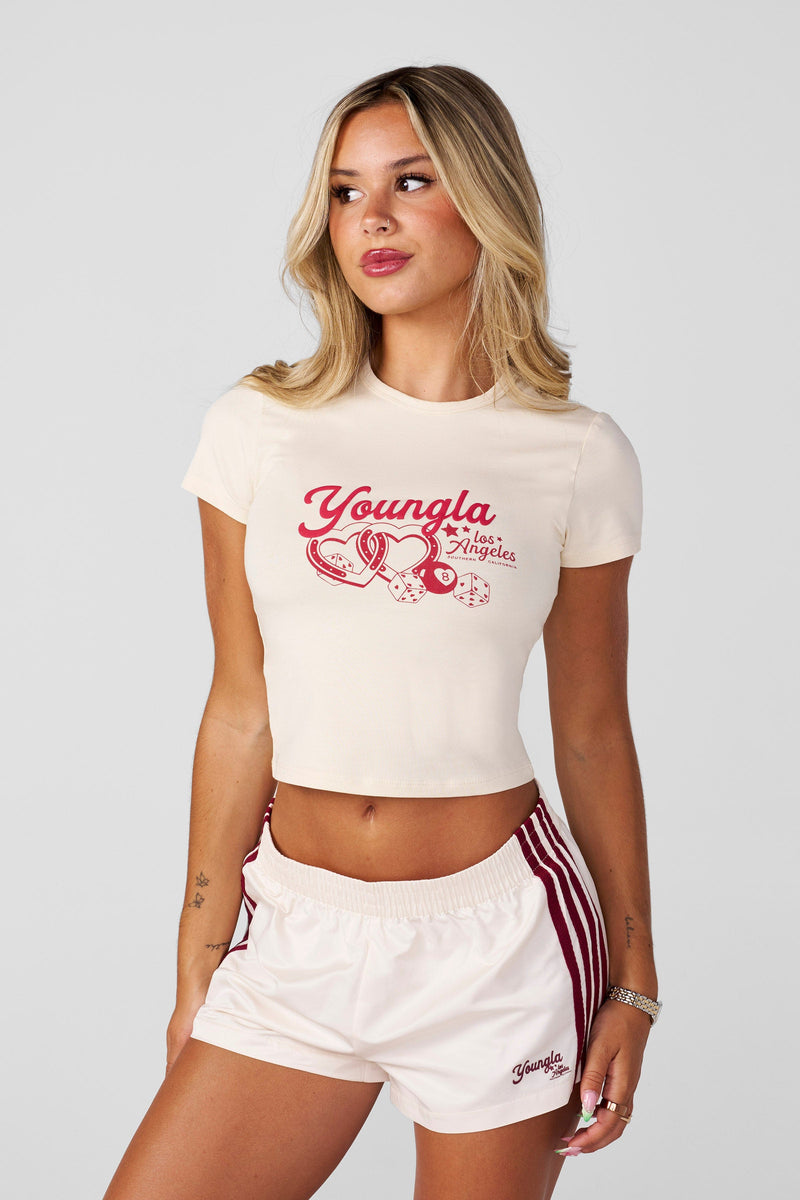 W401 Vintage Baby tee- Vintage-inspired fitted baby tee with unique graphics in four colors, offering a flattering throwback style for easy mixing and matching in Cream