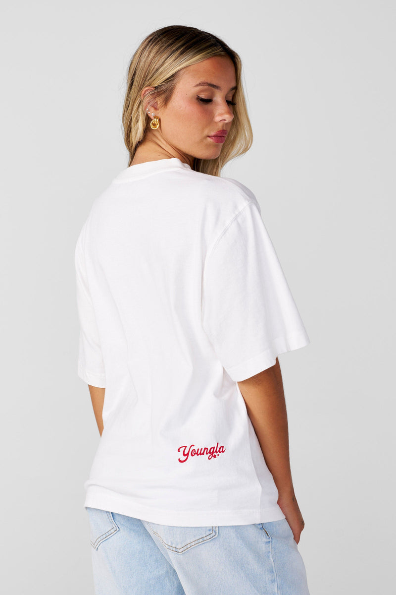 W412 Vintage Oversized Tee - Vintage-style oversized tee in super soft, washed fabric. Cozy, nostalgic, and each color features a unique graphic for standout personality in Vintage White.