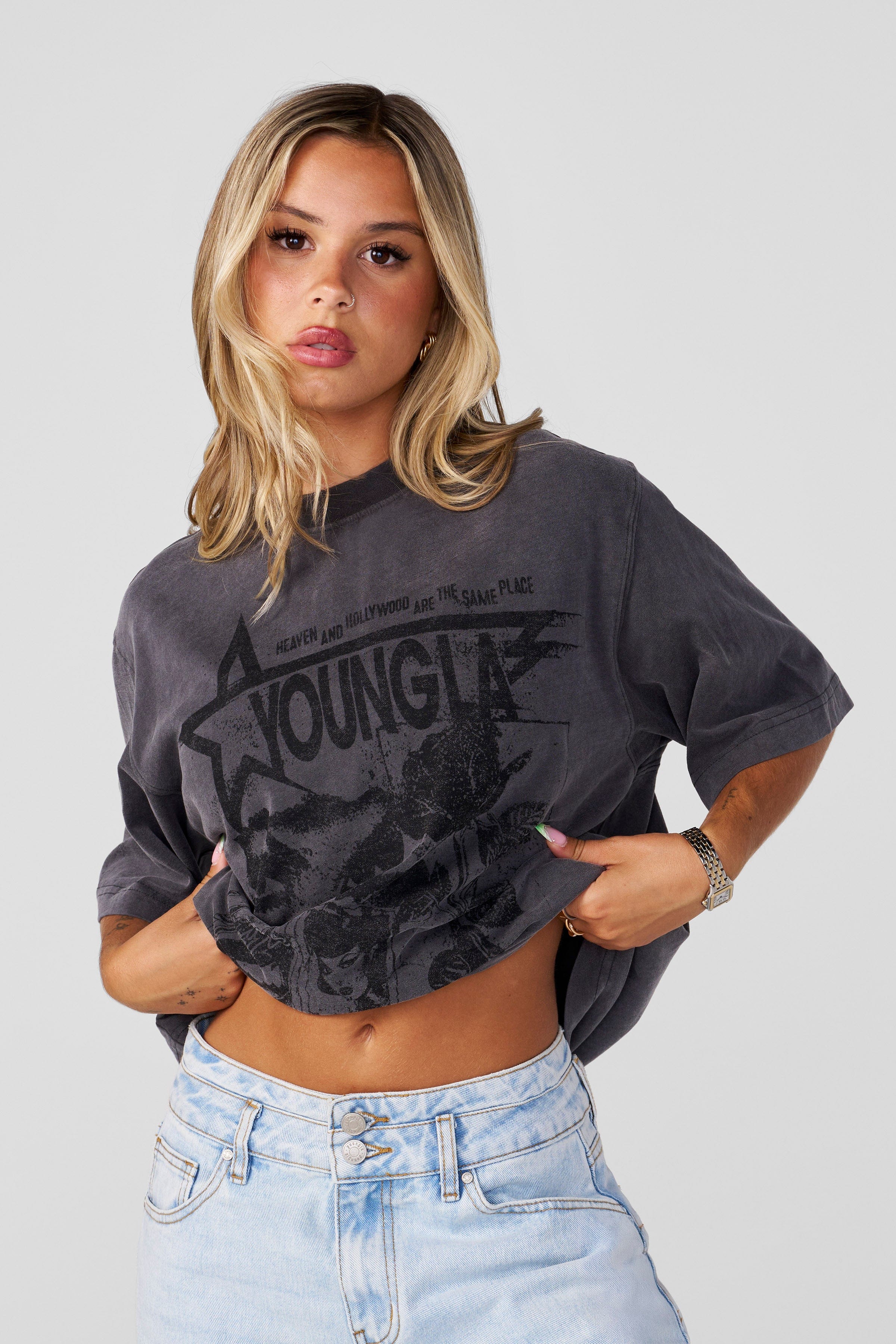 W412 Vintage Oversized Tee - Vintage-style oversized tee in super soft, washed fabric. Cozy, nostalgic, and each color features a unique graphic for standout personality in Grey.