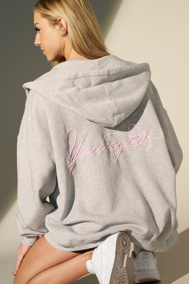W533 Flashback Zip Hoodie - Y2K-inspired oversized zip-up hoodie with mid-weight fabric combining comfort and structure with a bold retro early-2000s style in colour Heather Grey.