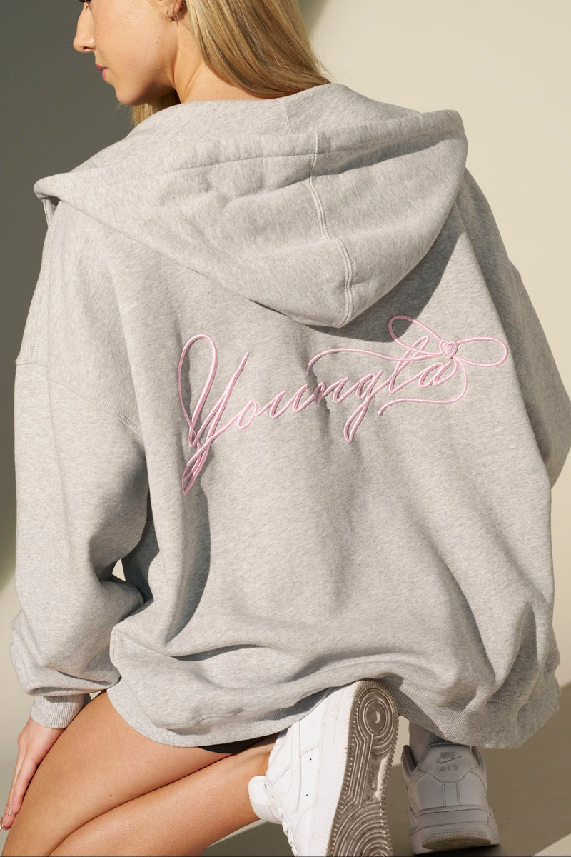 W533 Flashback Zip Hoodie - Y2K-inspired oversized zip-up hoodie with mid-weight fabric combining comfort and structure with a bold retro early-2000s style in colour Heather Grey.