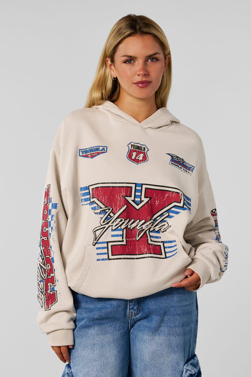 W5193- Drift Hoodie-oversized, soft terry fabric with washed finish, bold racing graphics, streetwear edge for casual or post-gym looks in Cream.