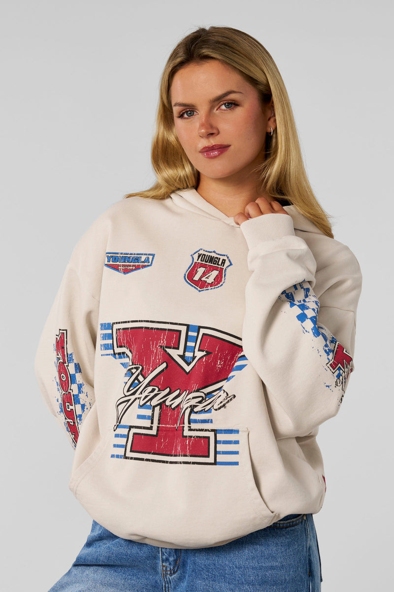 W5193- Drift Hoodie-oversized, soft terry fabric with washed finish, bold racing graphics, streetwear edge for casual or post-gym looks in Cream.