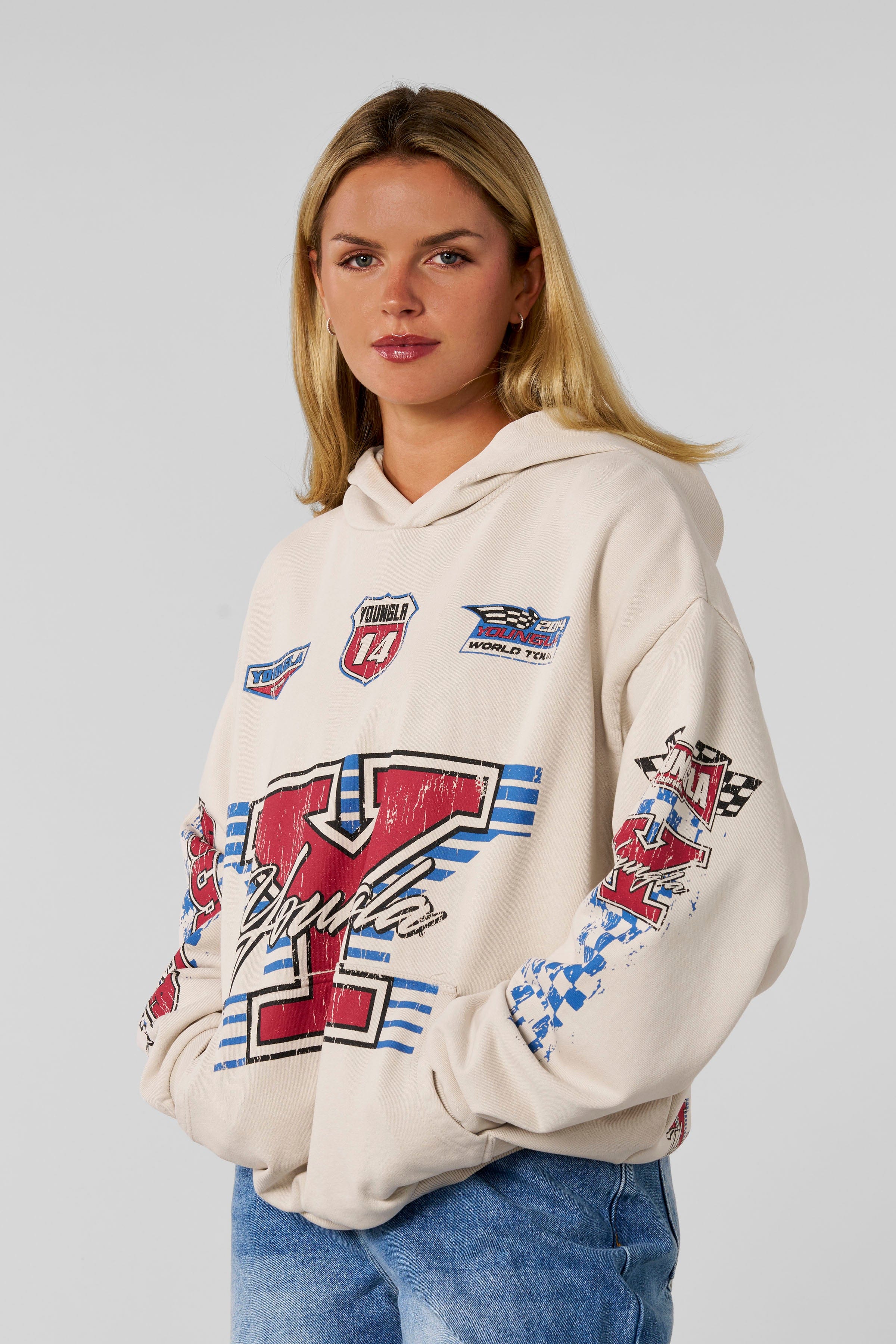 W5193- Drift Hoodie-oversized, soft terry fabric with washed finish, bold racing graphics, streetwear edge for casual or post-gym looks in Cream.