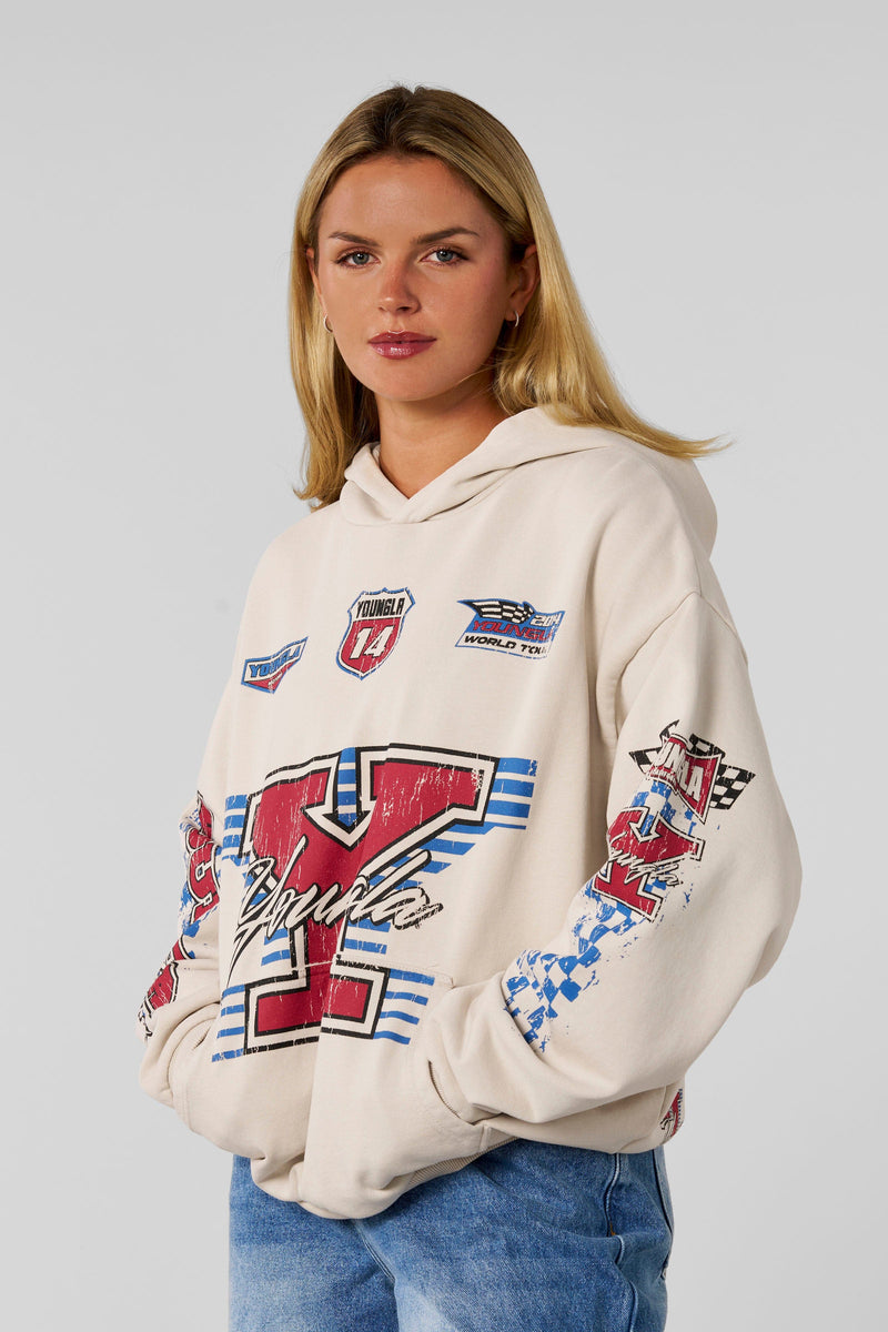 W5193- Drift Hoodie-oversized, soft terry fabric with washed finish, bold racing graphics, streetwear edge for casual or post-gym looks in Cream.