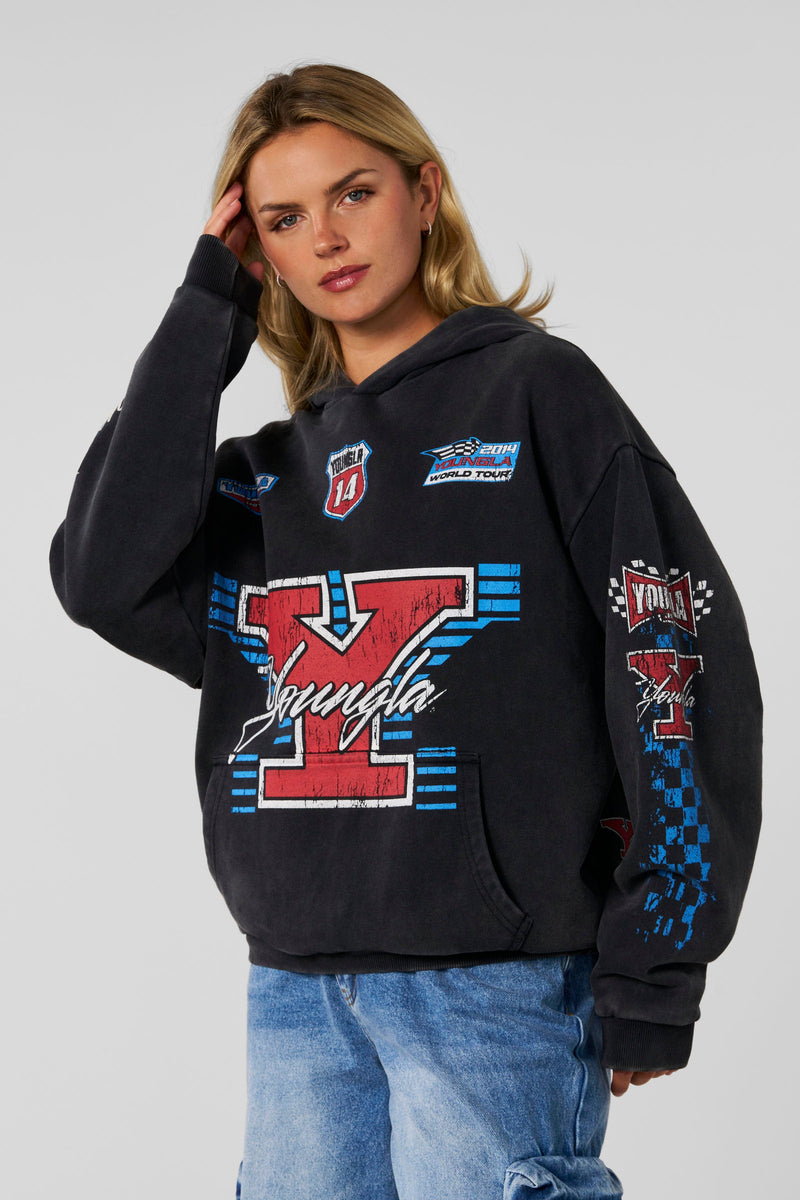 W5193- Drift Hoodie-oversized, soft terry fabric with washed finish, bold racing graphics, streetwear edge for casual or post-gym looks In Black.