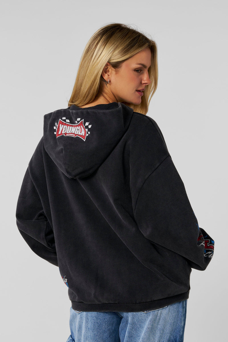 W5193- Drift Hoodie-oversized, soft terry fabric with washed finish, bold racing graphics, streetwear edge for casual or post-gym looks in Black.