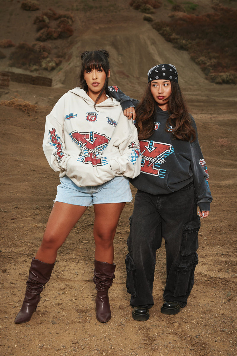 W5193- Drift Hoodie-oversized, soft terry fabric with washed finish, bold racing graphics, streetwear edge for casual or post-gym looks.