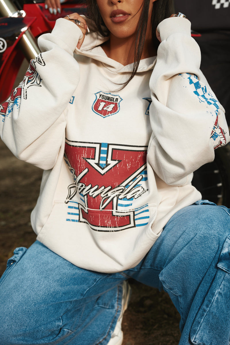 W5193- Drift Hoodie-oversized, soft terry fabric with washed finish, bold racing graphics, streetwear edge for casual or post-gym looks in Cream.