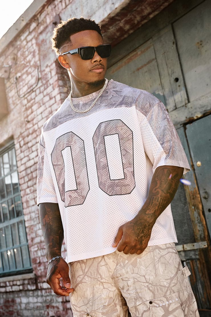 4237 - Double-Zero Jersey- Lightweight mesh jersey with retro sports design, double-zero numbers, and bold YOUNGLA branding on front and back, breathable and comfortable for all-day wear in Desert