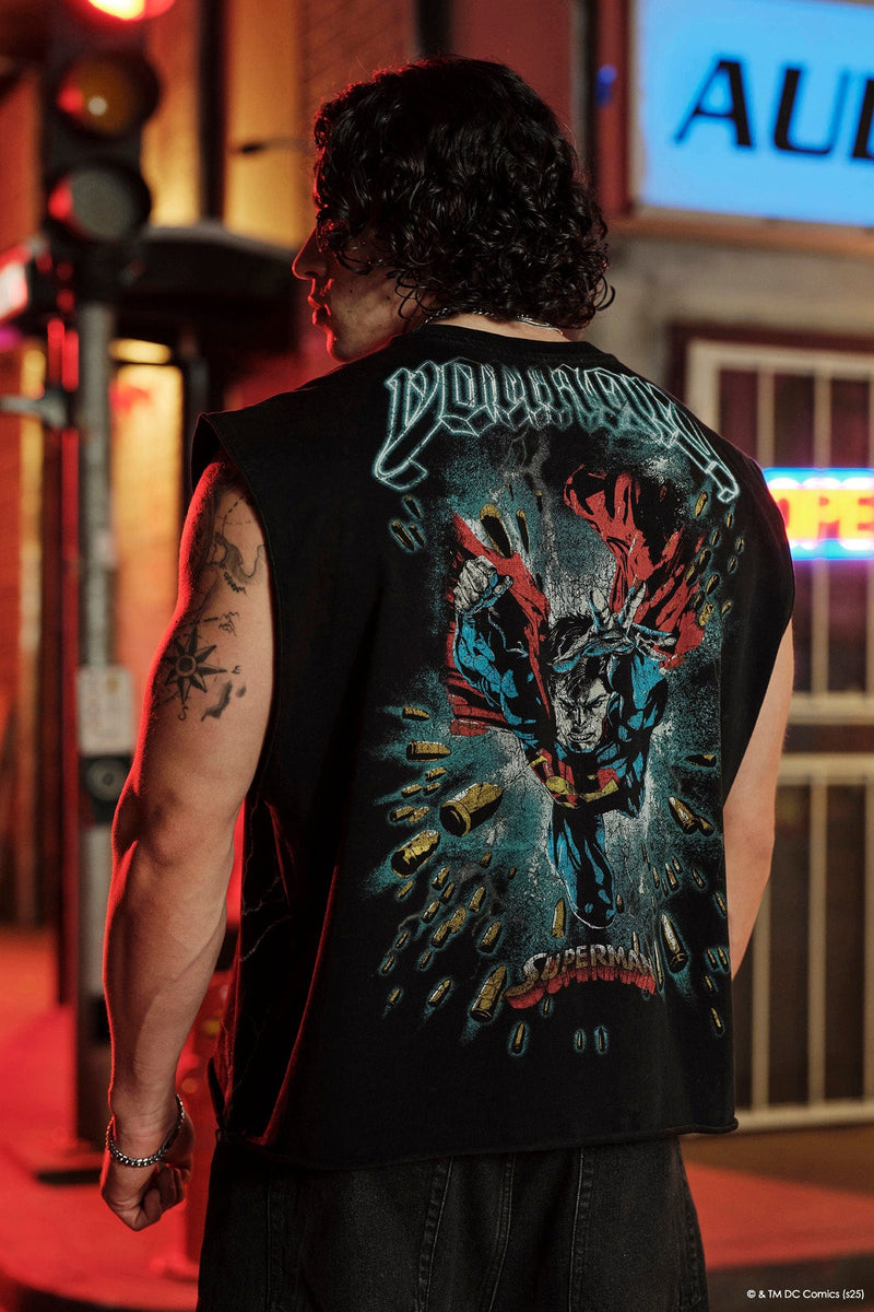 3004 - Superman Cut-Offs – 290 GSM cotton, bold front & back graphics. Durable, premium feel for training or everyday style in bulletproof.