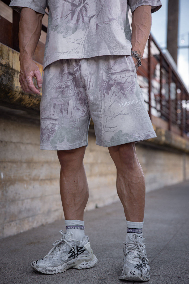 1076 - Tree Camo Collection - Shorts, with relaxed fit and stitched hem, ideal for training, lounging, or casual wear in Beige color