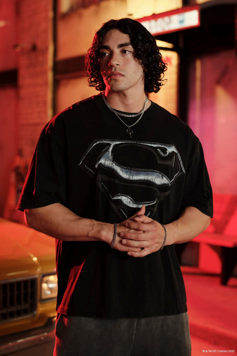 4044 - Superman Graphic Tees - soft heavyweight 290 GSM cotton with a black washed finish, Superman graphics in multiple designs in Chrome Logo.