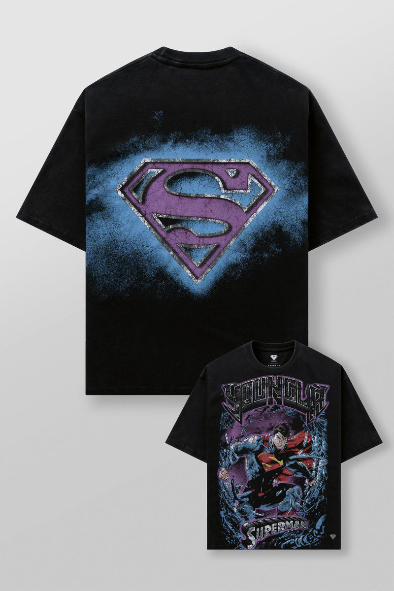4044 - Superman Graphic Tees - soft heavyweight 290 GSM cotton with a black washed finish, Superman graphics in multiple designs in Action.