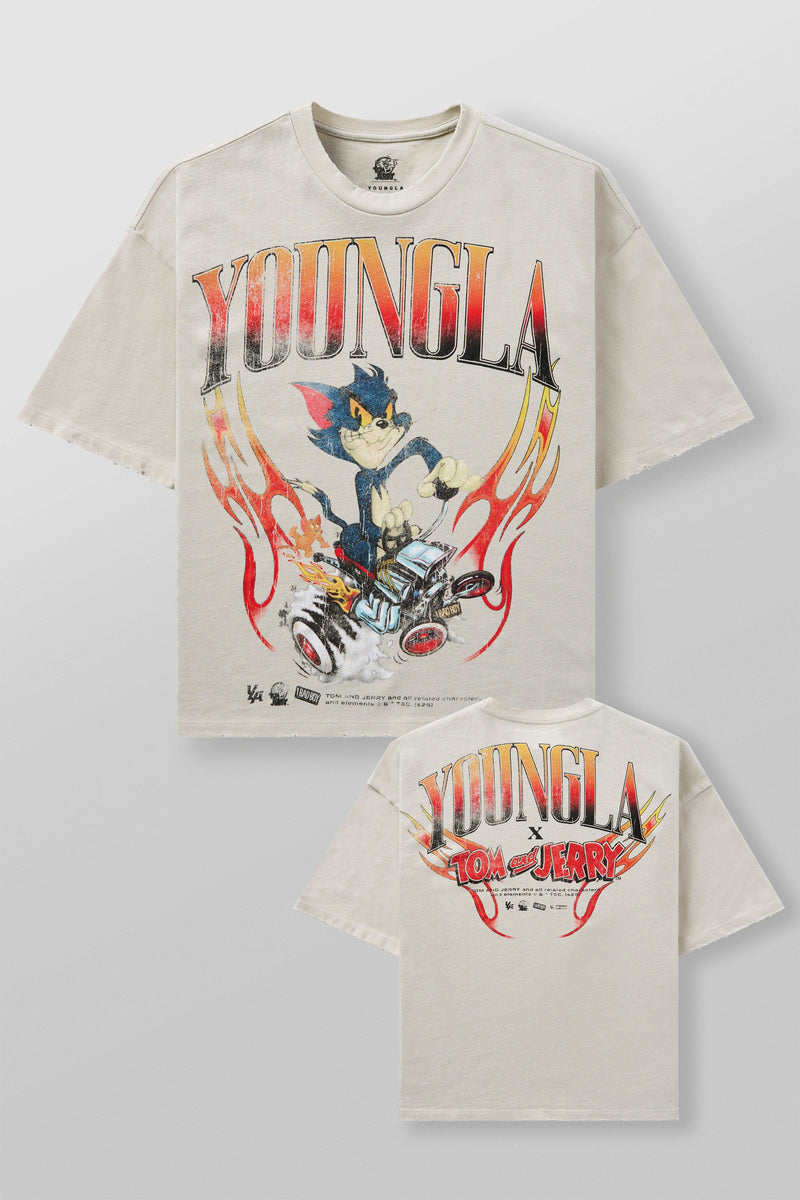4082 - Tom & Jerry Tees- Tom & Jerry oversized cotton tee featuring bold throwback graphics of classic cartoon scenes, midweight and collectible – The Rider design