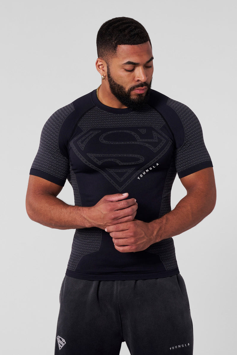 4117 - Superman Compression Tees - Sculpted fit, premium patterns, and detailed paneling, designed for performance and superhero-inspired style in Black.