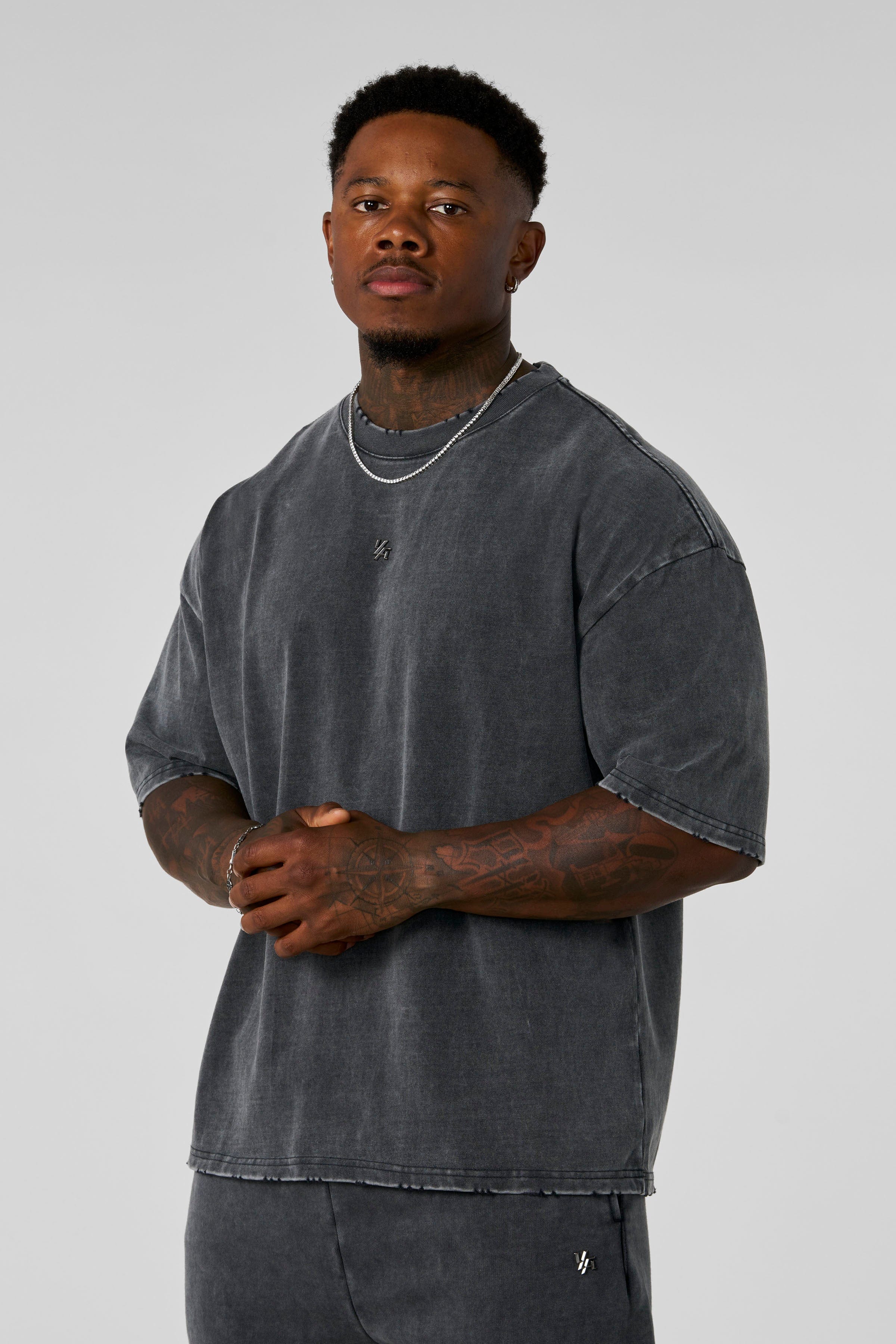 4153 - Elevated Essentials - Relaxed Tee - Oversized heavyweight cotton tee with drop shoulders, natural drape, and subtle 'Elevated' detailing in colour Grey Wash.
