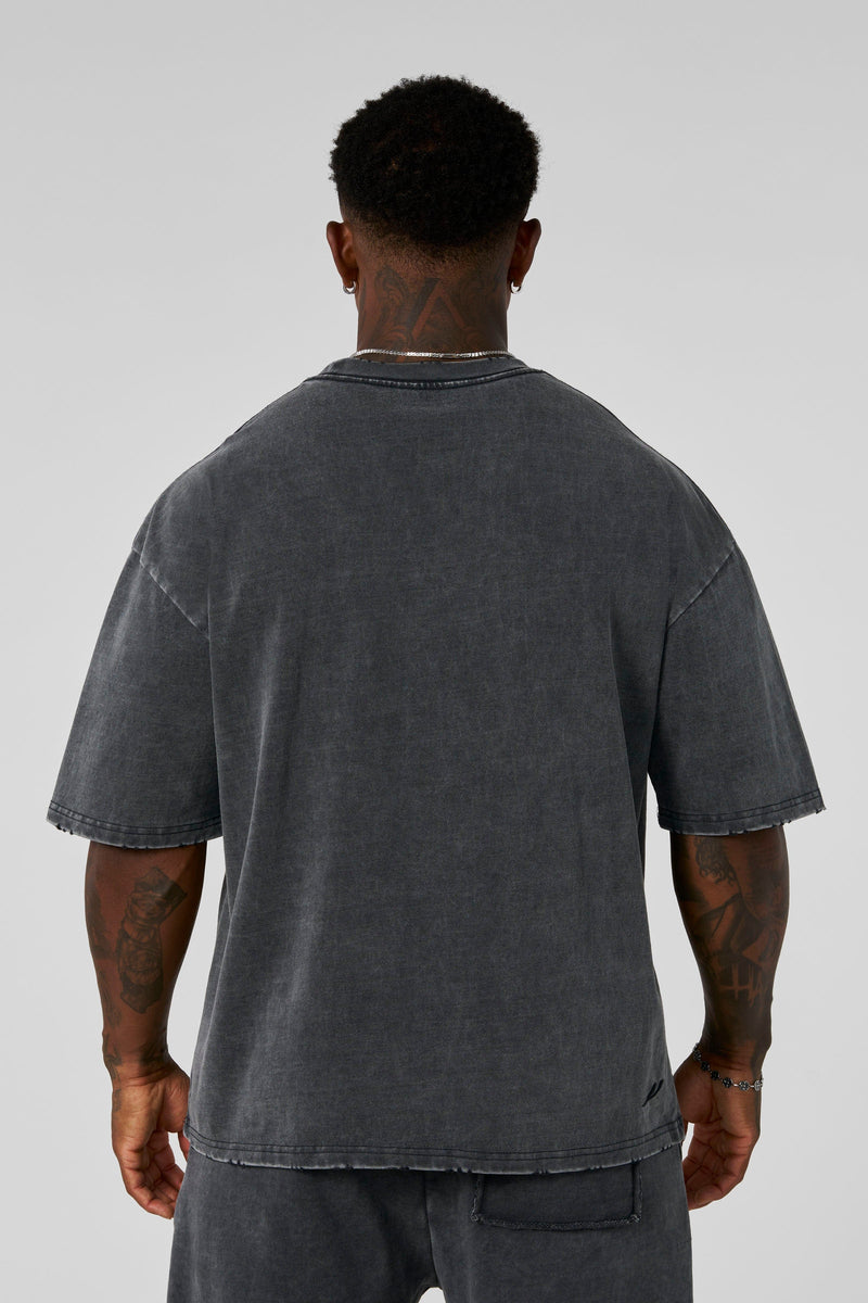 4153 - Elevated Essentials - Relaxed Tee - Oversized heavyweight cotton tee with drop shoulders, natural drape, and subtle 'Elevated' detailing in colour Grey Wash.