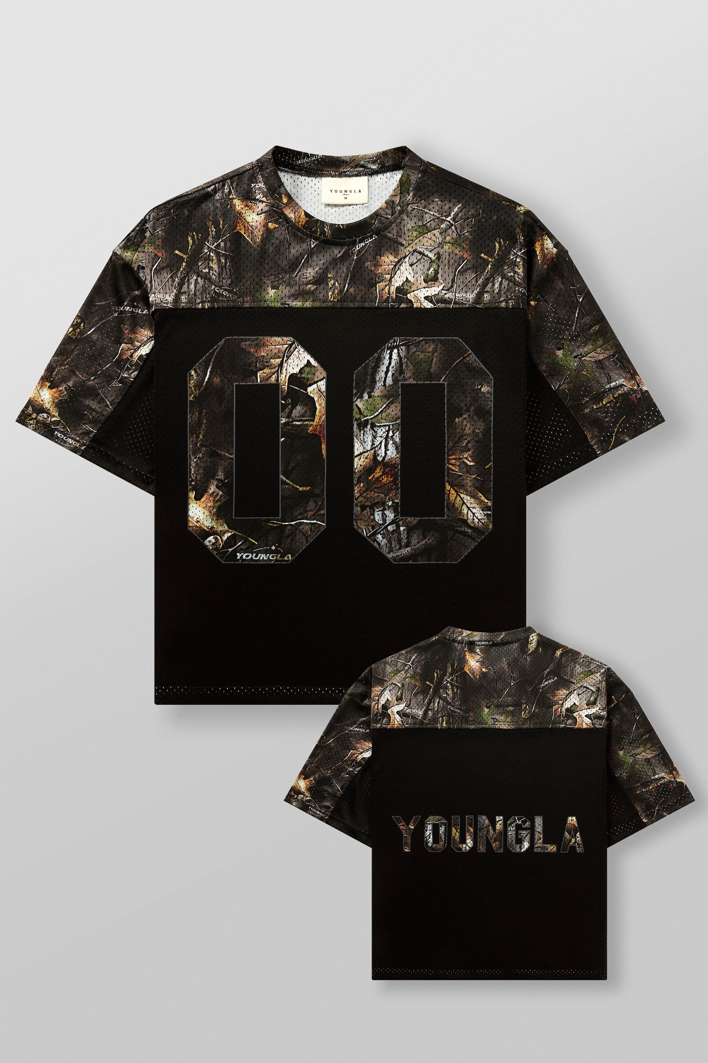 4237 - Double-Zero Jersey- Lightweight mesh jersey with retro sports design, double-zero numbers, and bold YOUNGLA branding on front and back, breathable and comfortable for all-day wear in Black