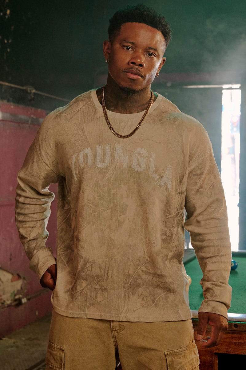 8054 - Thin Thermal Longsleeves-Lightweight thermal top with soft, breathable knit, relaxed fit, and flexible feel, perfect for layering or wearing solo in cool weather in Beige Tree Camo