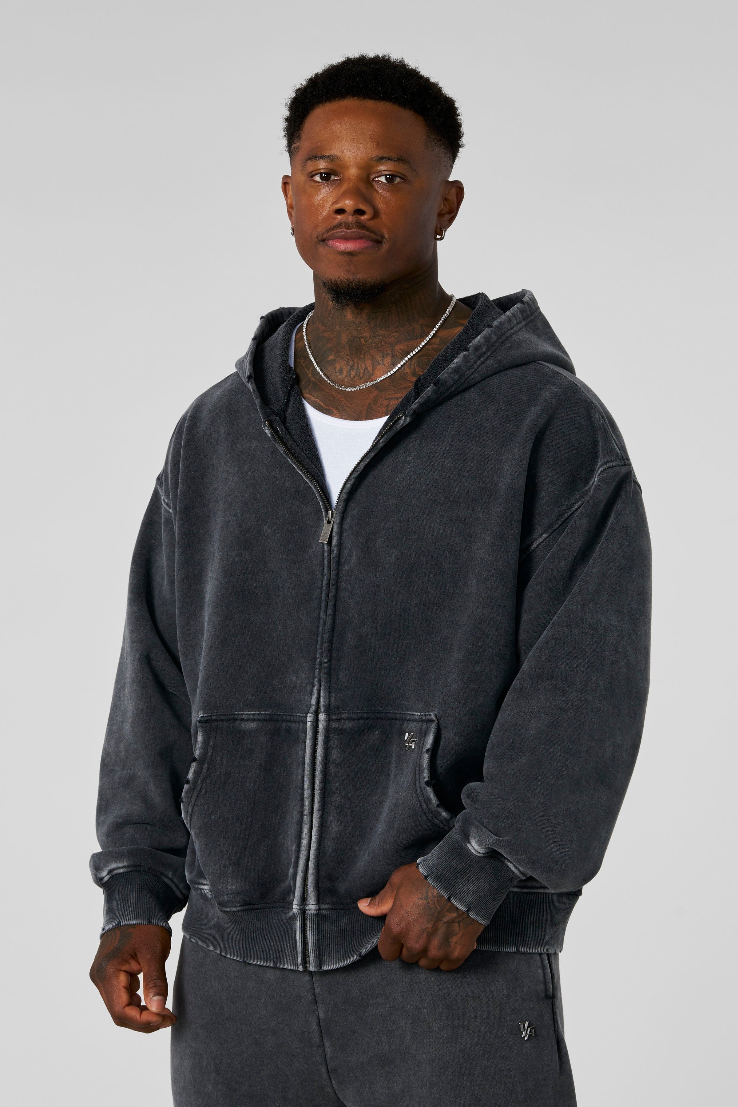 5102 - Elevated Essentials - Zip-Ups - Full-zip heavyweight terry cotton hoodie with front pockets, ribbed finishes, smooth zipper, and minimal 'Elevated' print in colour Grey wash.