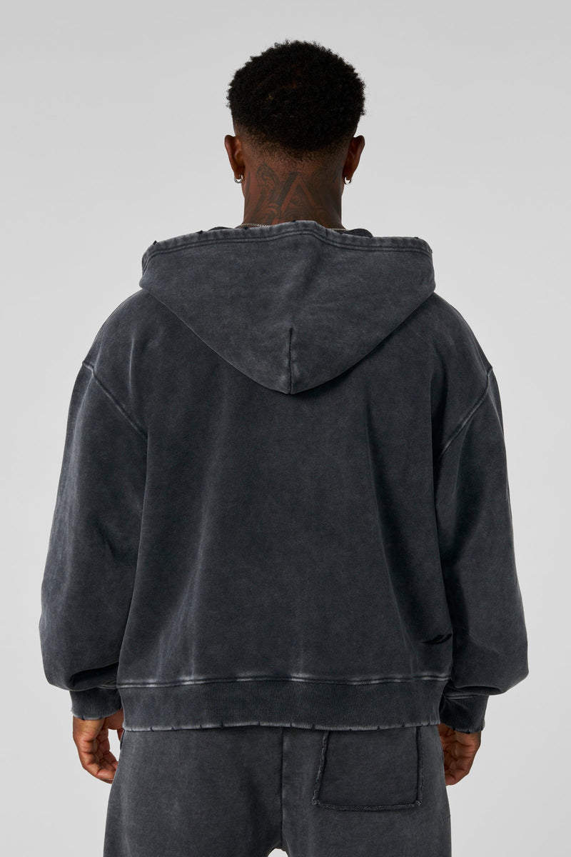 5102 - Elevated Essentials - Zip-Ups - Full-zip heavyweight terry cotton hoodie with front pockets, ribbed finishes, smooth zipper, and minimal 'Elevated' print in colour Grey Wash.