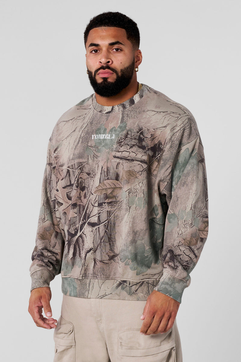 5206 - Tree Camo Collection - Crewnecks - heavyweight terry, ribbed details, durable and comfortable, bold camo print for gym-to-street style in Beige Tree Camo.