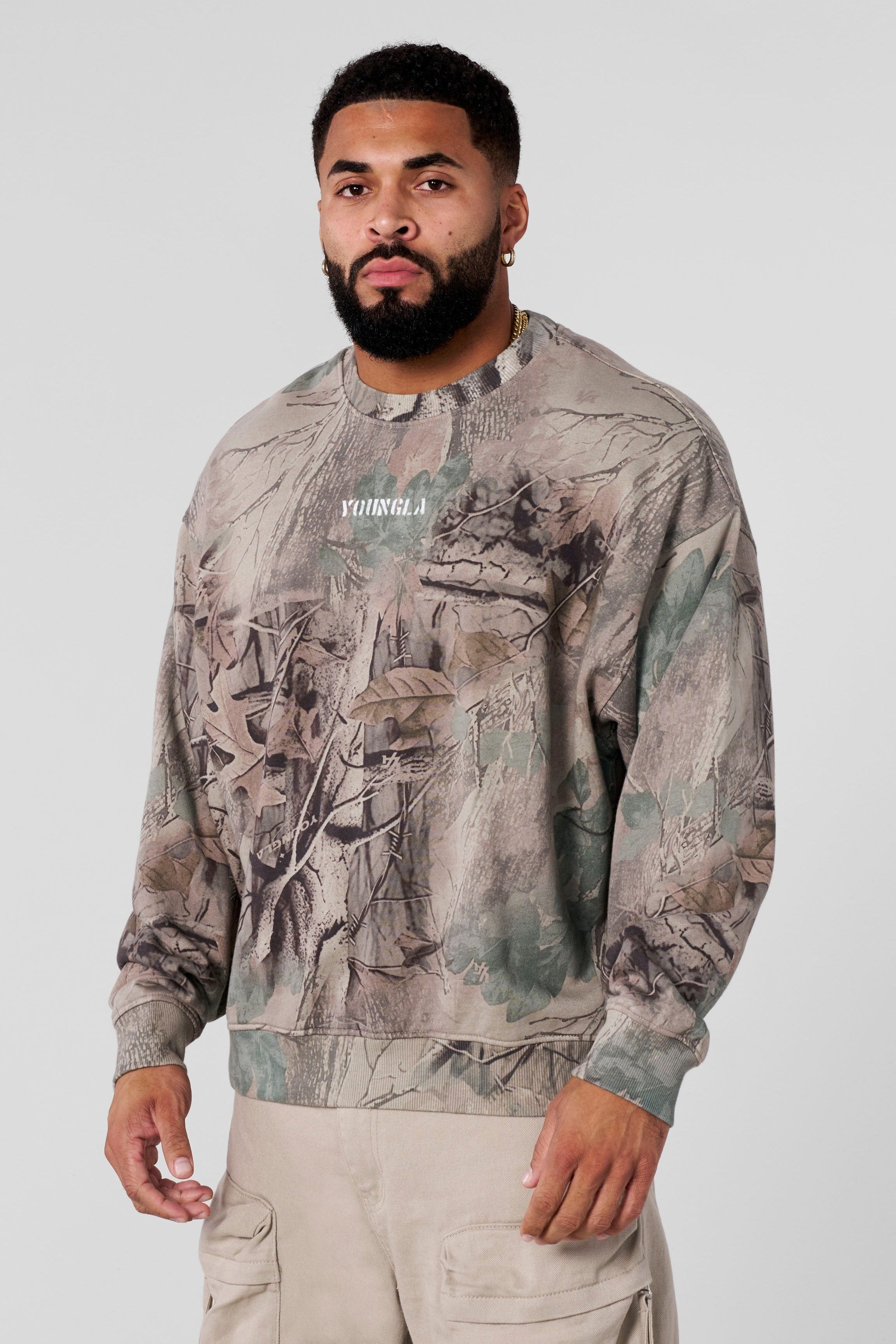5206 - Tree Camo Collection - Crewnecks - heavyweight terry, ribbed details, durable and comfortable, bold camo print for gym-to-street style in Beige Tree Camo.