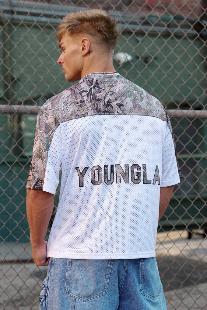 4237 - Double-Zero Jersey- Lightweight mesh jersey with retro sports design, double-zero numbers, and bold YOUNGLA branding on front and back, breathable and comfortable for all-day wear in Desert
