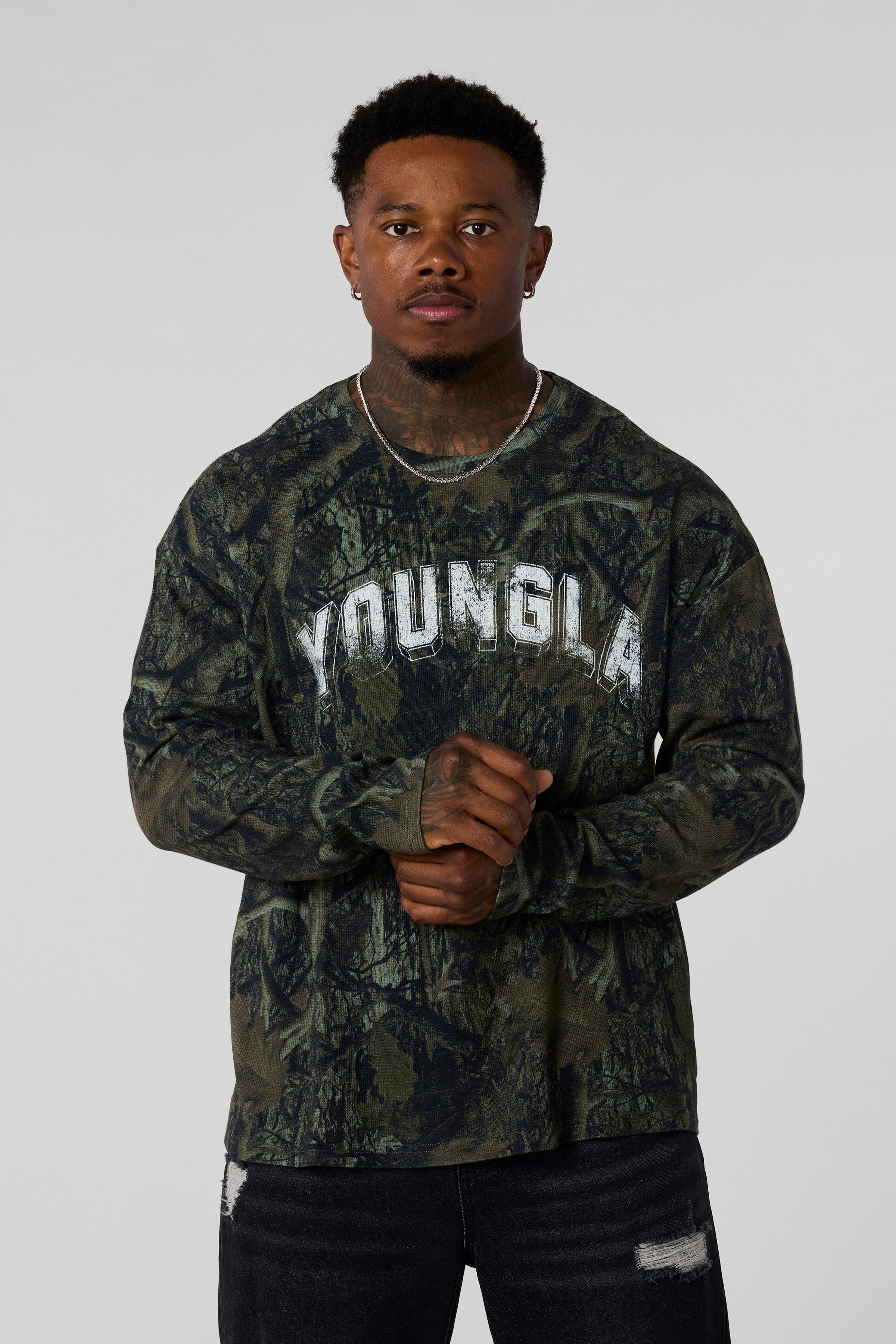 8054 - Thin Thermal Longsleeves-Lightweight thermal top with soft, breathable knit, relaxed fit, and flexible feel, perfect for layering or wearing solo in cool weather in Dark Tree Camo