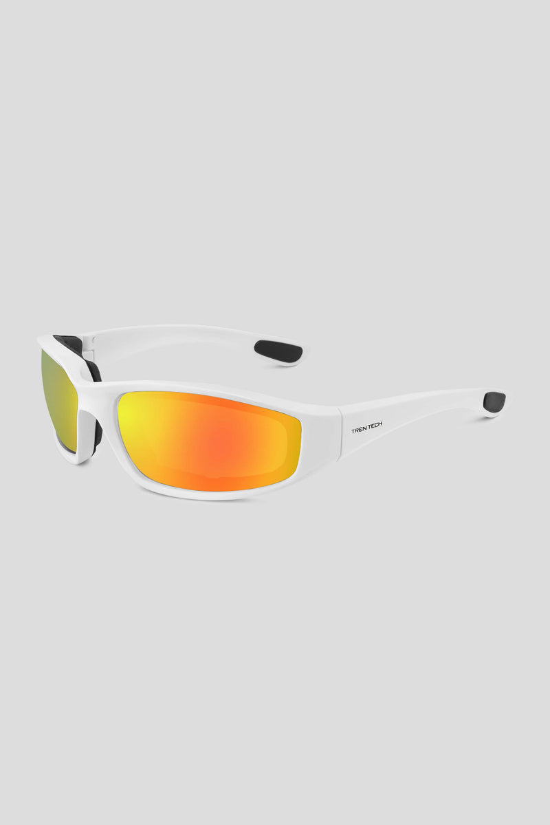 Wraparound sport sunglasses with wide lenses, created with the Tren Twins.