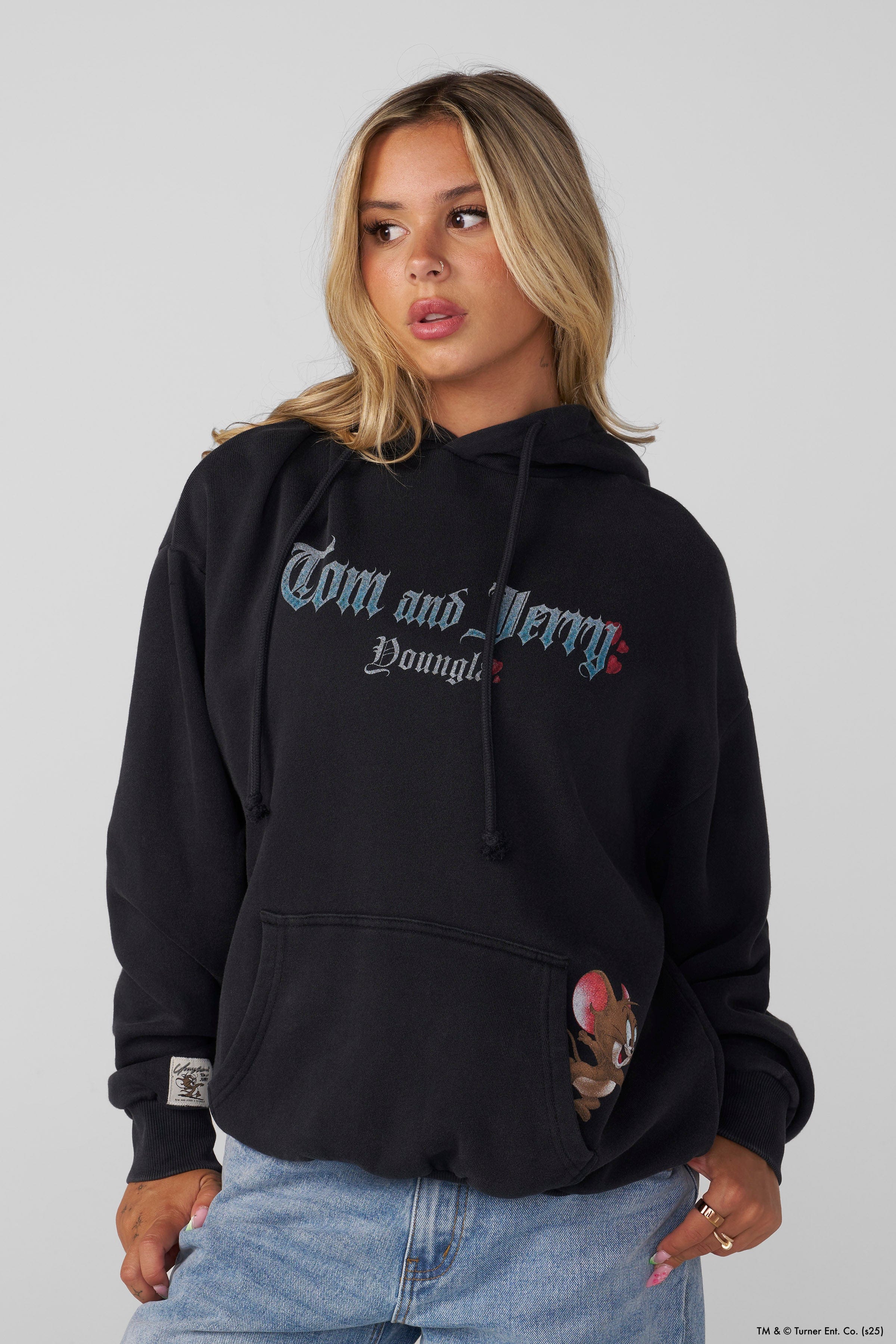 W528 Tom & Jerry Oversized Hoodie - Ultra-soft, washed tee with exclusive graphics for a unique, lived-in look. Perfect for lounging or layering with effortless style.