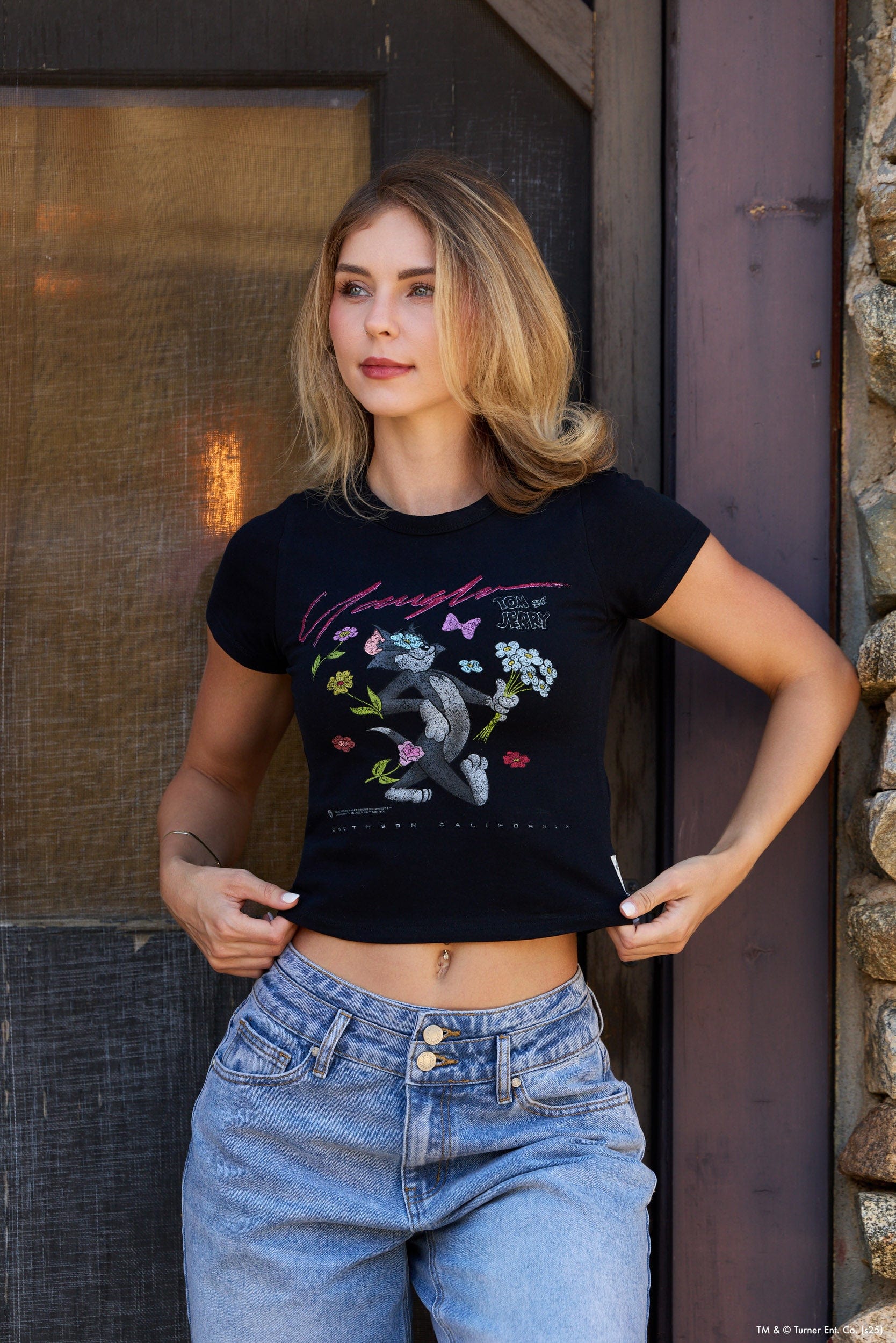 W405 Tom & Jerry Baby Tee-Soft, washed t-shirt with unique graphic design, offering all-day comfort and a lived-in feel in Tom Bloom