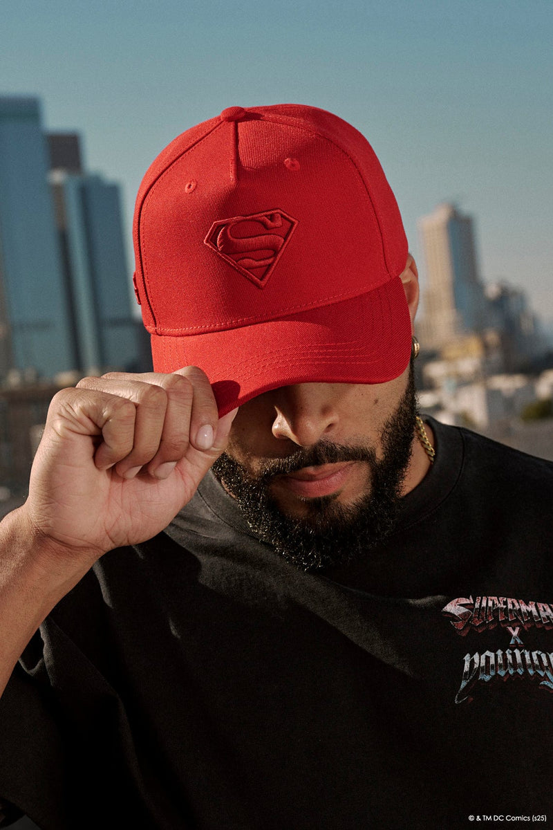 9092 - Superman Shield Hats – A-frame fit with tonal embroidered Superman logo front and YoungLA logo back. Bold, everyday hero style in Red.