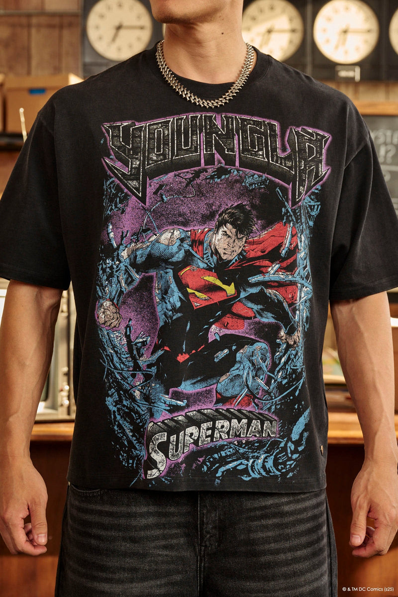 4044 - Superman Graphic Tees - soft heavyweight 290 GSM cotton with a black washed finish, Superman graphics in multiple designs in Action.