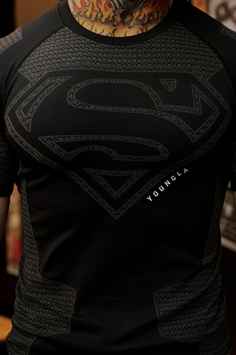 4117 - Superman Compression Tees - Sculpted fit, premium patterns, and detailed paneling, designed for performance and superhero-inspired style in Black.