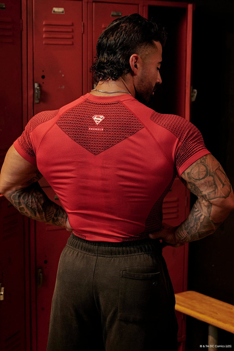 4117 - Superman Compression Tees - Sculpted fit, premium patterns, and detailed paneling, designed for performance and superhero-inspired style in Red.