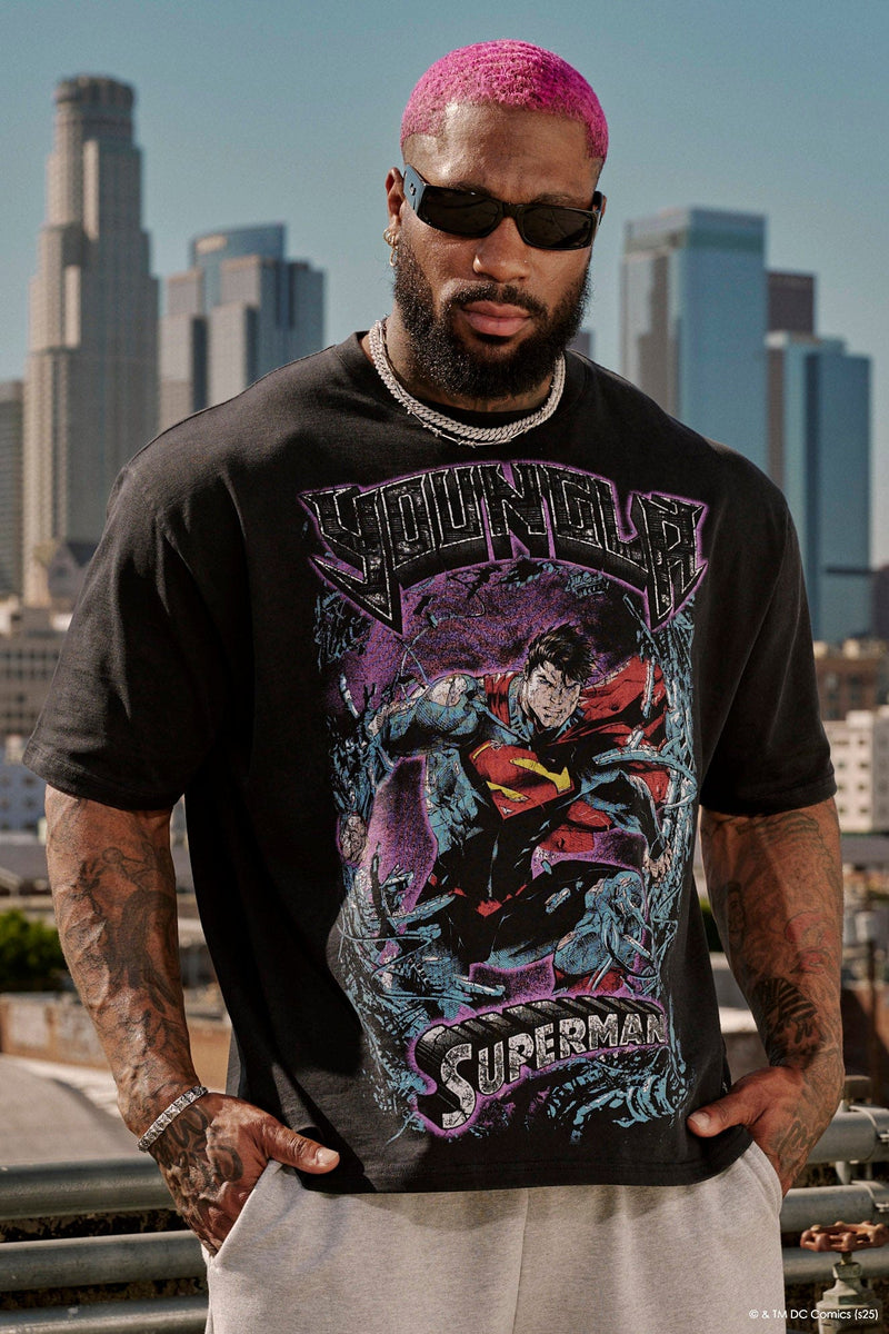 4044 - Superman Graphic Tees - soft heavyweight 290 GSM cotton with a black washed finish, Superman graphics in multiple designs in Action.
