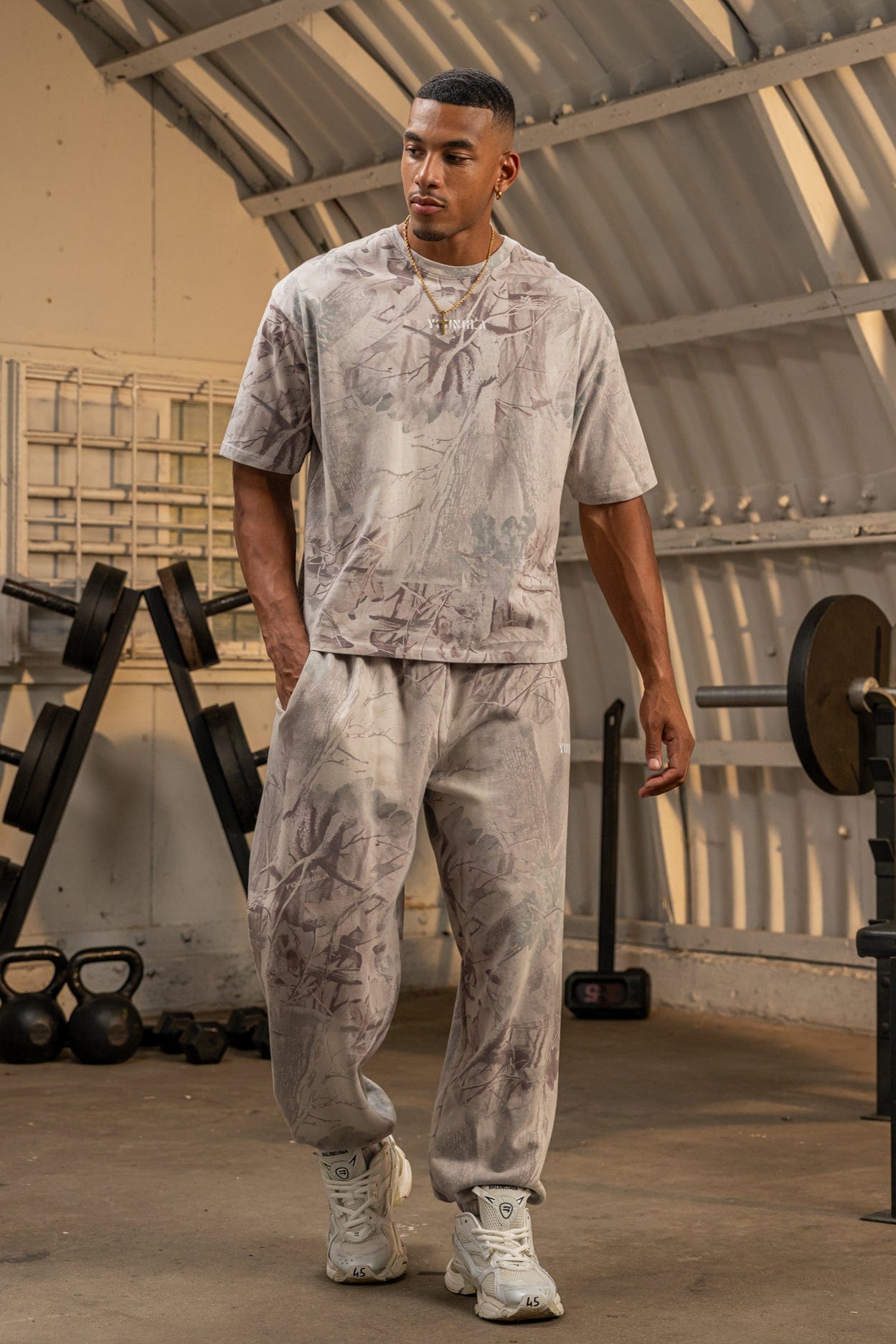 2063 Tree Camo Baggy Joggers — oversized, street-ready comfort with elastic cuffs, durable heavyweight terry, and a relaxed camo fit for everyday wear, in Desert Tan.