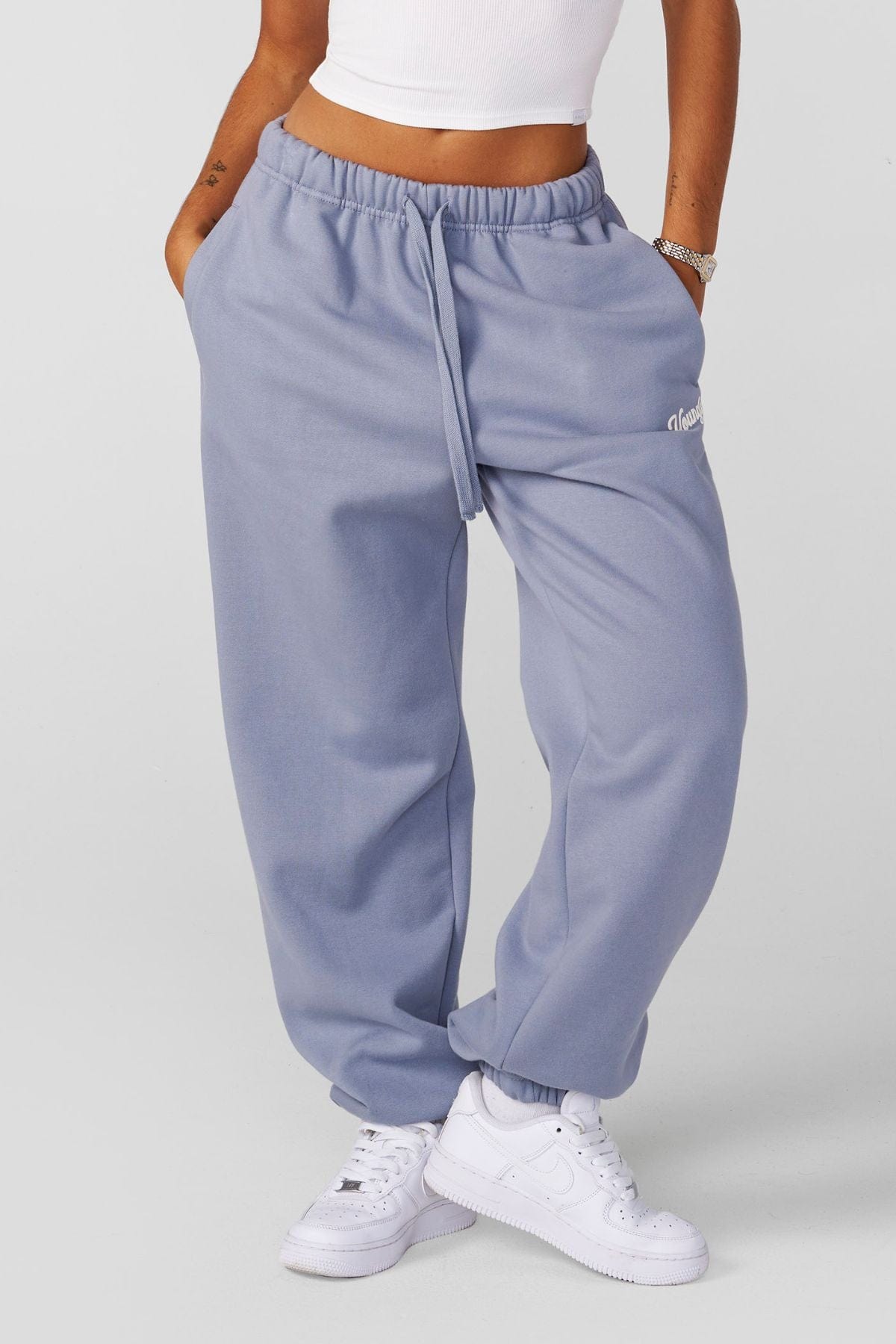 W271 Soft Serve Joggers- Super soft, fluffy fleece joggers with a playful puff print and oversized fit, perfect for cozy, laid-back days or pairing with the matching W566 Puff Print Hoodie in Dusty Blue