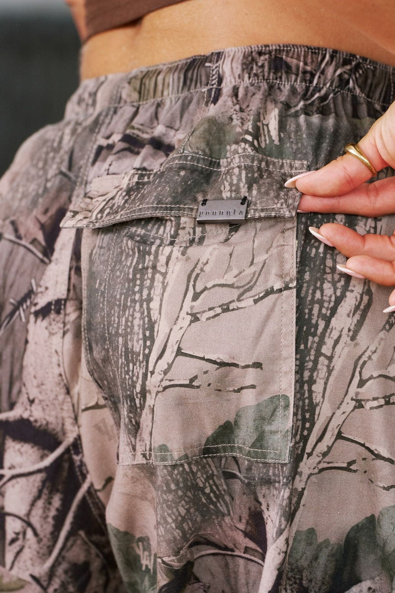 W283 Off-Duty pants- Off Duty Baggy Pants in soft, breathable cotton with oversized fit, adjustable ankle ties, and drawstring waist, combining relaxed comfort with street-ready style in Camo