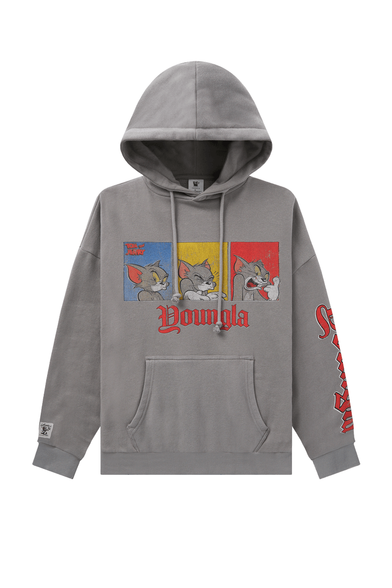 W528 Tom & Jerry Oversized Hoodie - Ultra-soft, washed tee with exclusive graphics for a unique, lived-in look. Perfect for lounging or layering with effortless style in Charcoal.