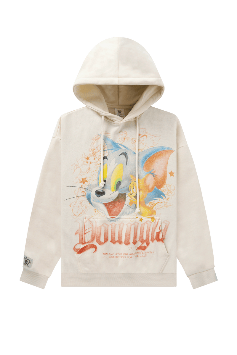 W528 Tom & Jerry Oversized Hoodie - Ultra-soft, washed tee with exclusive graphics for a unique, lived-in look. Perfect for lounging or layering with effortless style in Cream.