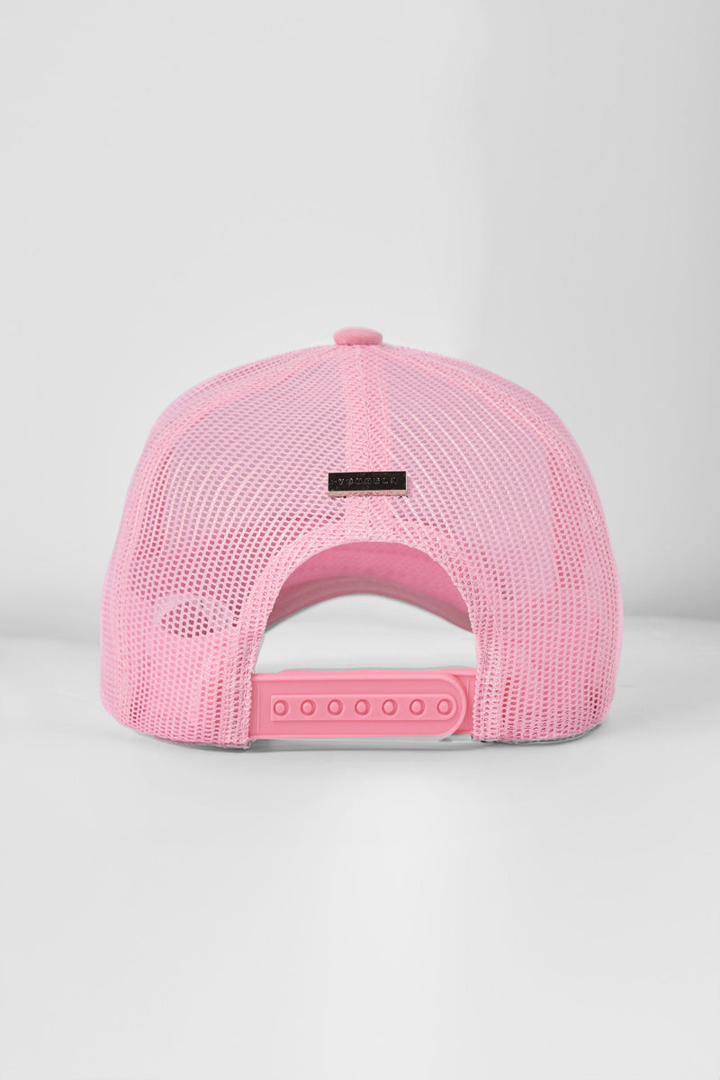 W636 Flashback Trucker Hat- Breathable mesh panels, embroidered patch logo, and adjustable snapback closure for a stylish, customizable fit in Light Pink