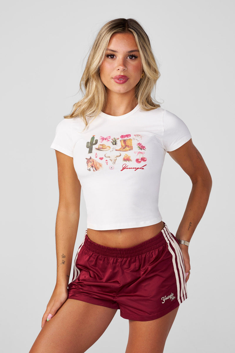 W401 Vintage Baby tee- Vintage-inspired fitted baby tee with unique graphics in four colors, offering a flattering throwback style for easy mixing and matching in White
