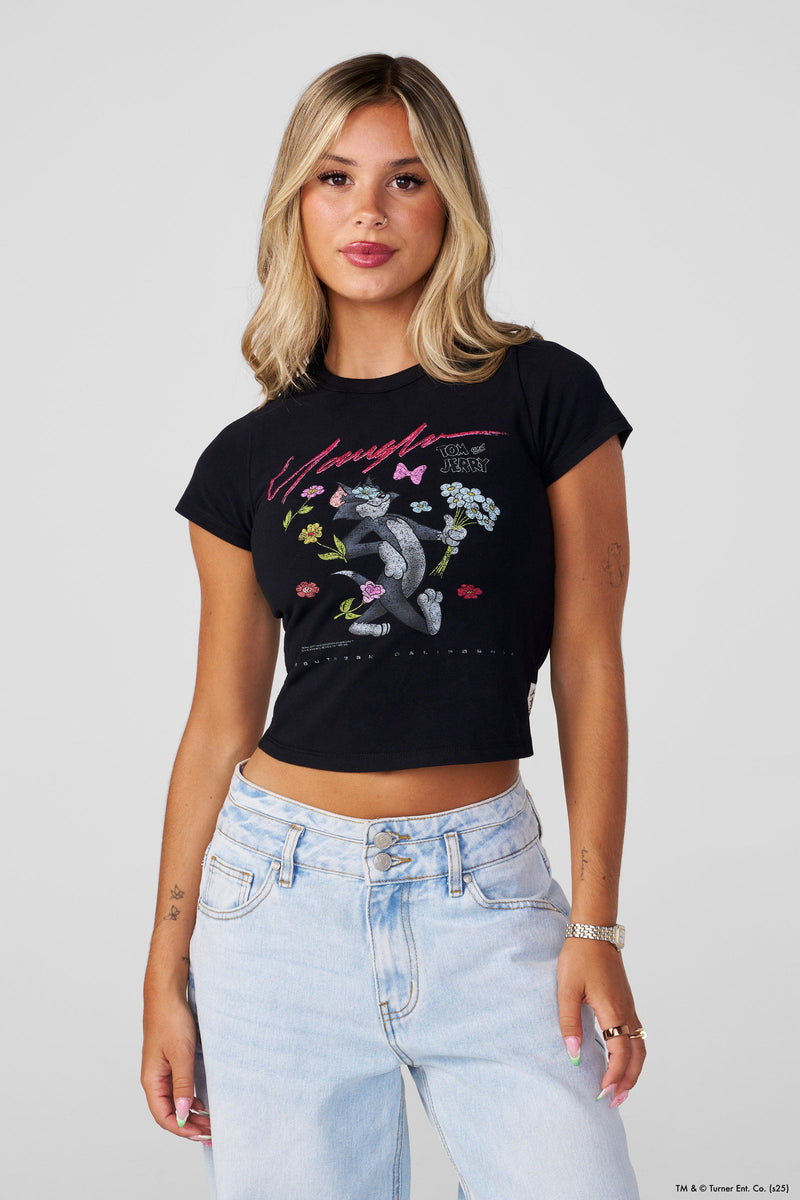 W405 Tom & Jerry Baby Tee-Soft, washed t-shirt with unique graphic design, offering all-day comfort and a lived-in feel in Tom Bloom