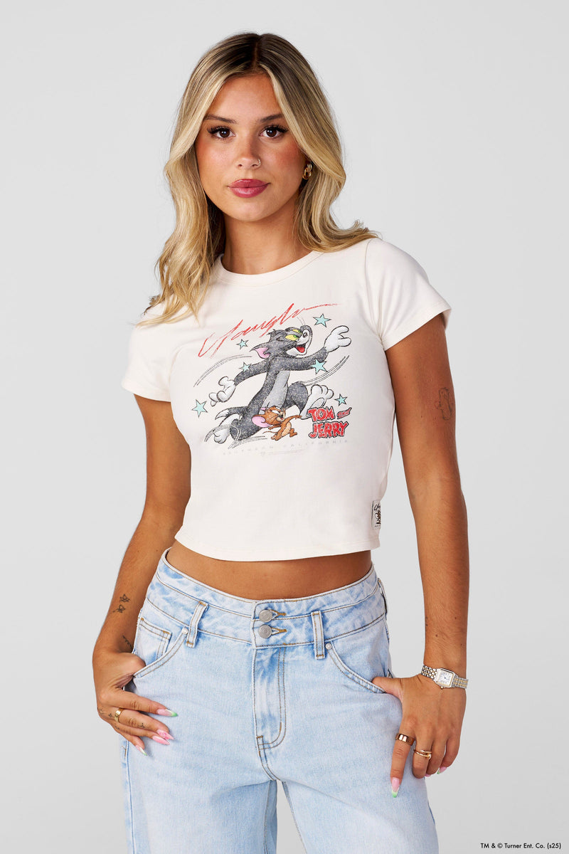 W405 Tom & Jerry Baby Tee-Soft, washed t-shirt with unique graphic design, offering all-day comfort and a lived-in feel in Chase Mode