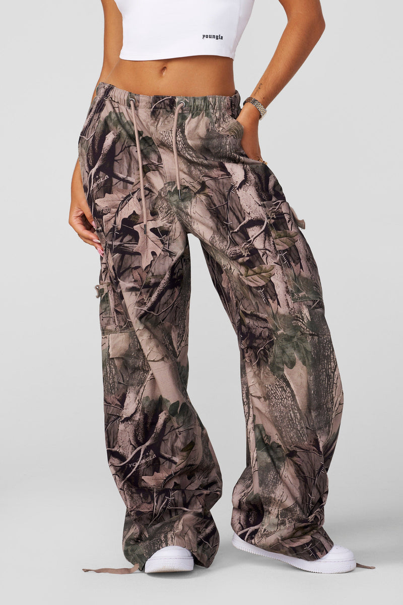 W283 Off-Duty pants- Off Duty Baggy Pants in soft, breathable cotton with oversized fit, adjustable ankle ties, and drawstring waist, combining relaxed comfort with street-ready style in Camo