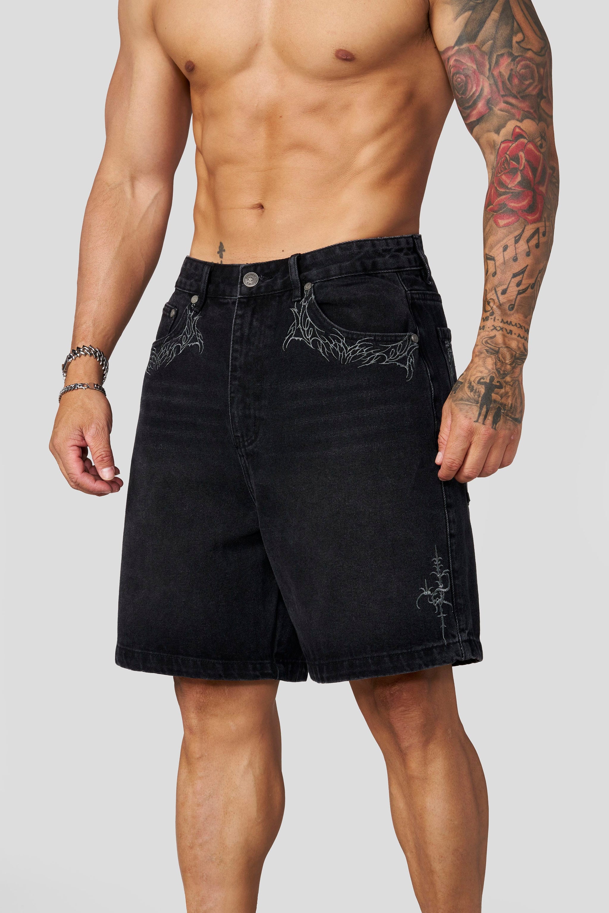 1025 - Phantom Embroidery Jorts - April 30th from YoungLA - $46